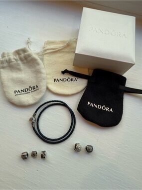 Pandora Navy Leather Double Wrap Bracelet with Silver Charms (2) & Spacers (3)